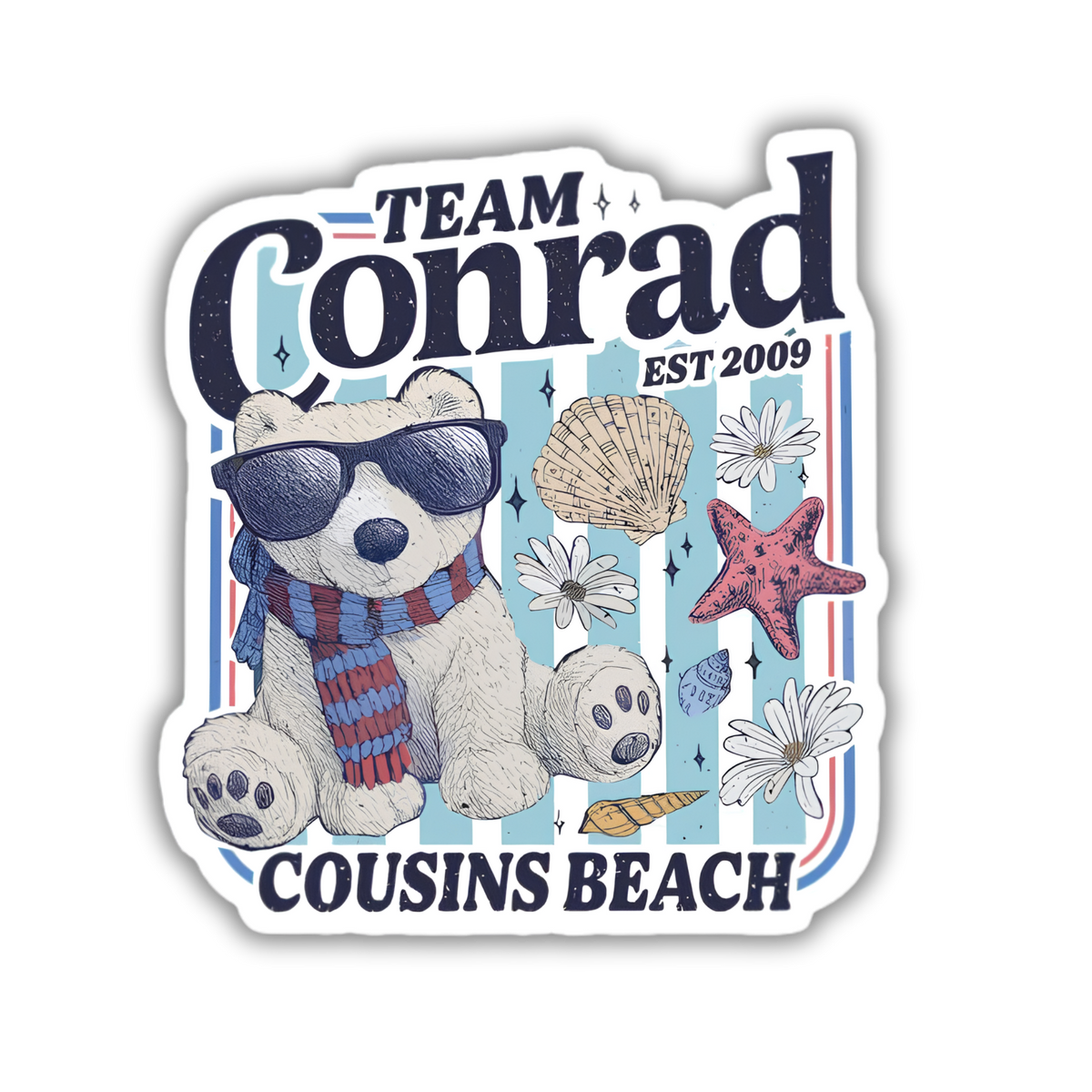 Team Conrad Cousins Beach sticker closeup