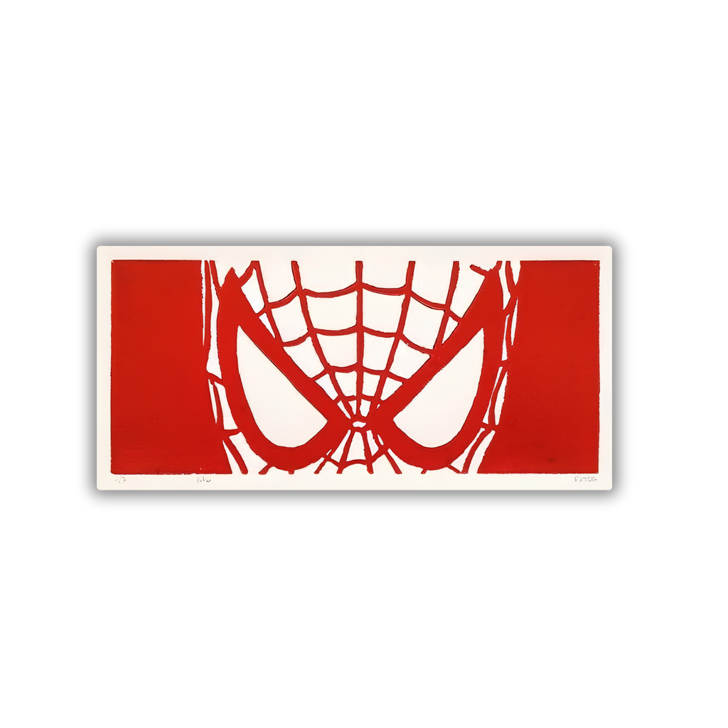 Spider-Man red web eyes screen print sticker closeup