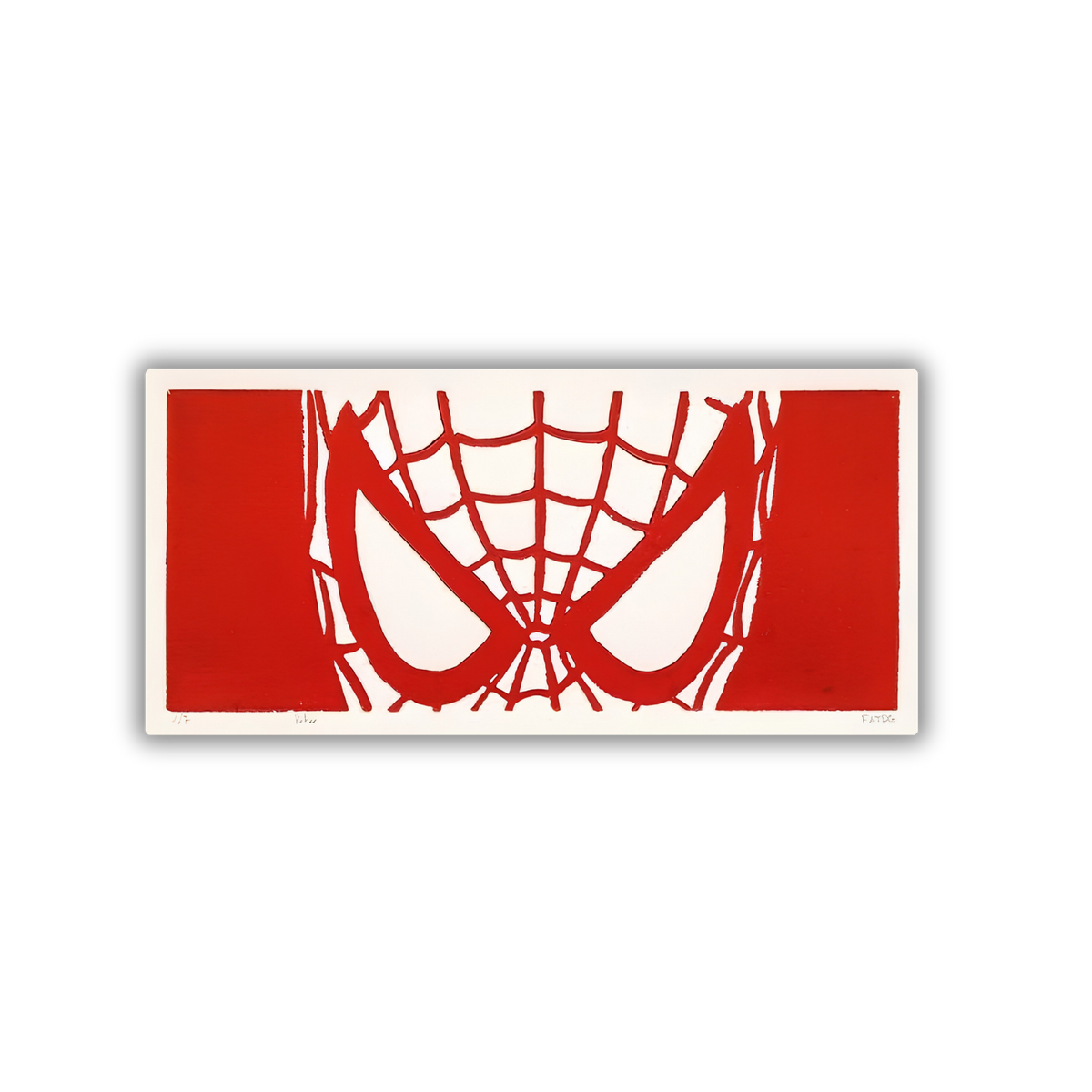 Spider-Man red web eyes screen print sticker closeup