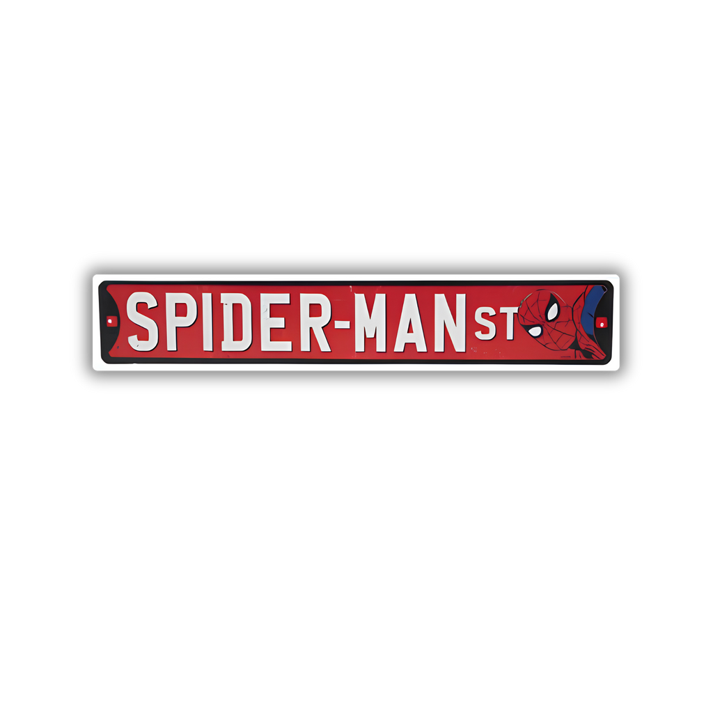 Spider-Man St. street sign sticker closeup