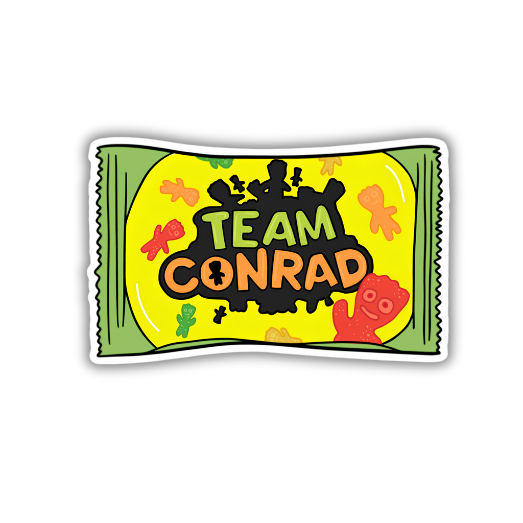 Team Conrad gummy candy pack sticker closeup