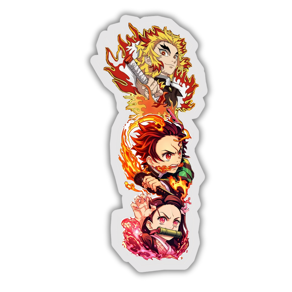 Demon Slayer flame trio sticker artwork featuring Rengoku, Tanjiro, and Nezuko
