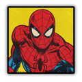 Spider-Man retro yellow pop art sticker closeup