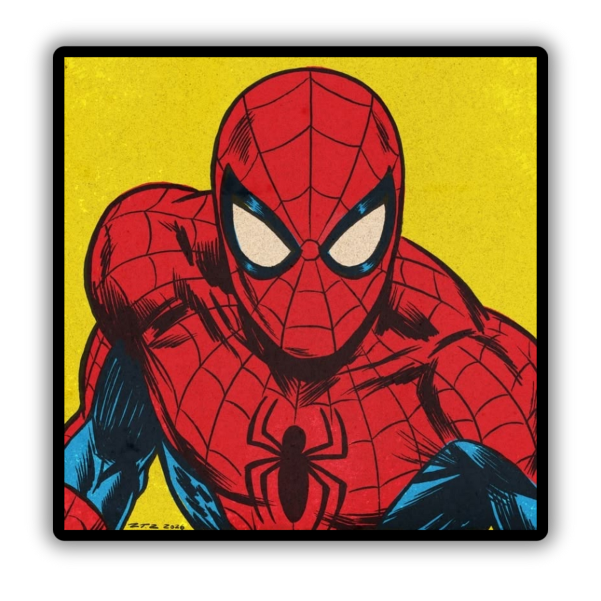 Spider-Man retro yellow pop art sticker closeup