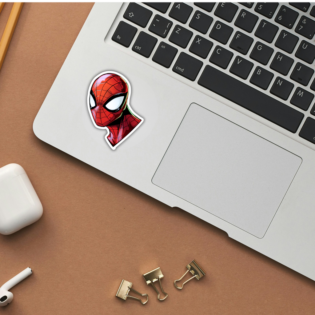Spider-Man glossy mask portrait sticker on laptop