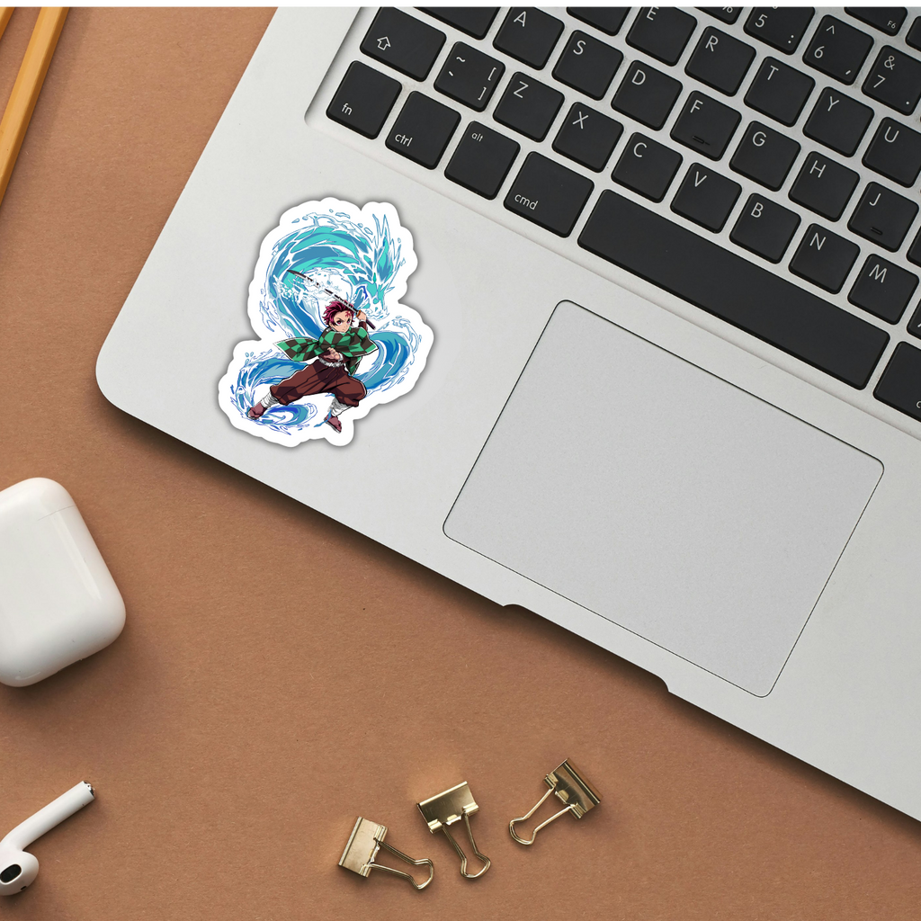 Tanjiro Water Breathing Demon Slayer sticker applied to a laptop