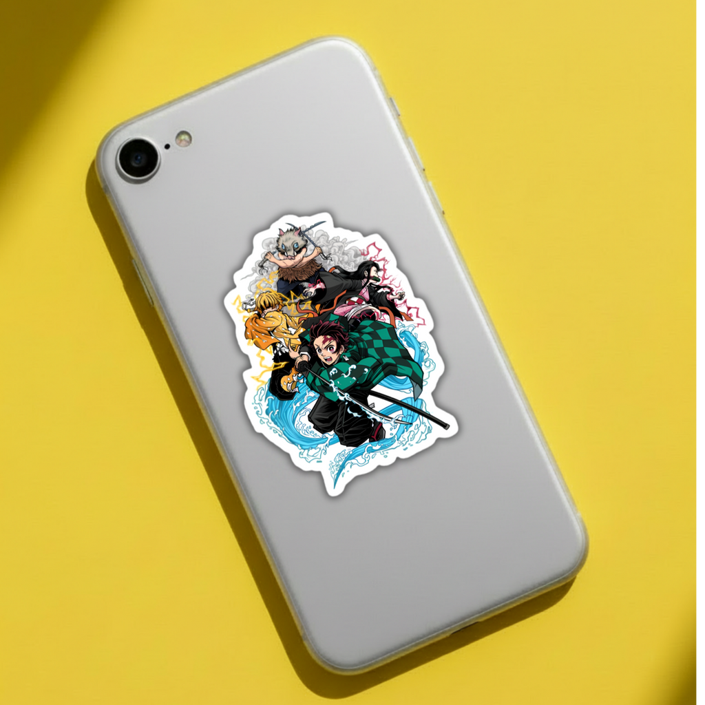 Demon Slayer squad sticker artwork featuring Tanjiro, Zenitsu, Inosuke, and Nezuko