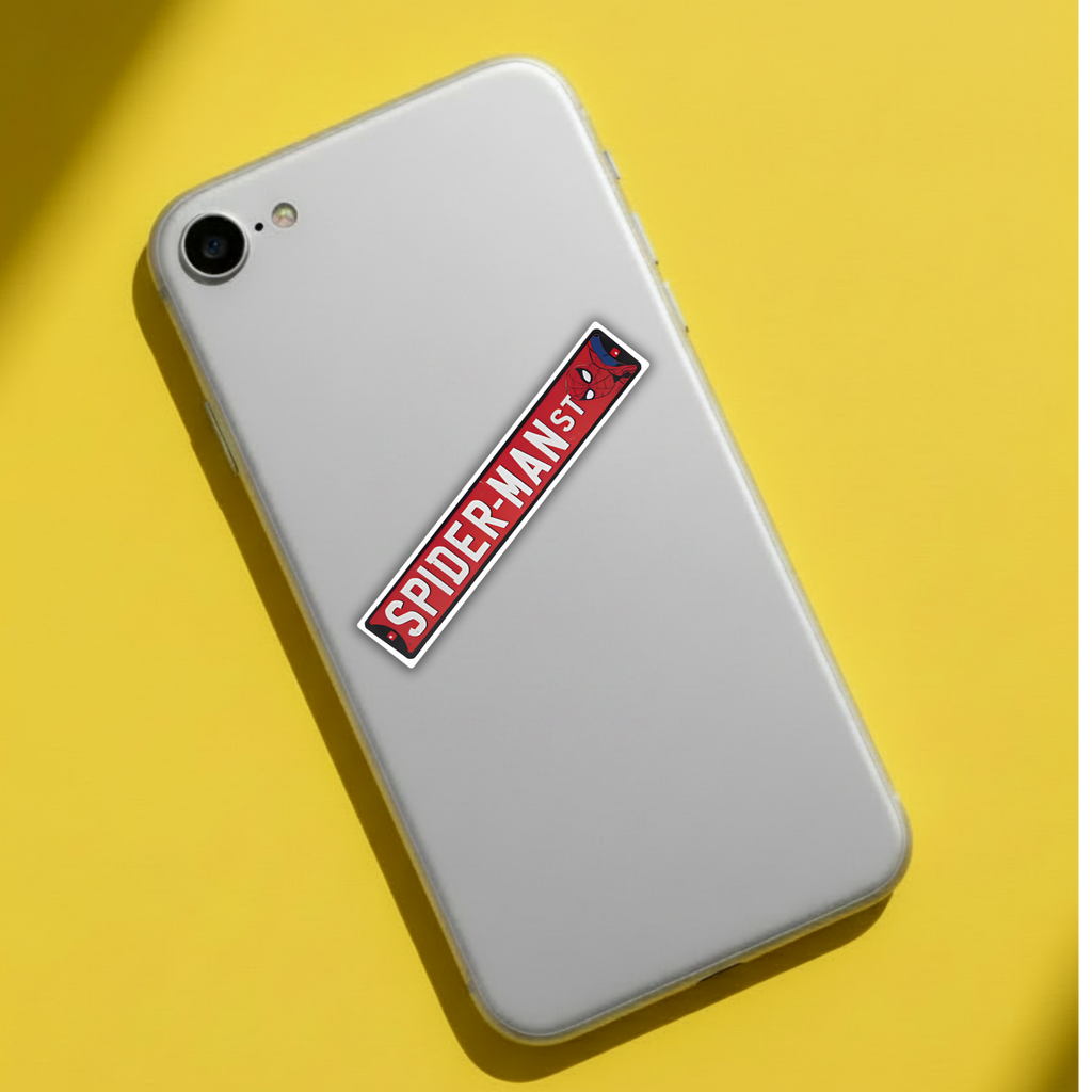 Spider-Man St. street sign sticker on phone