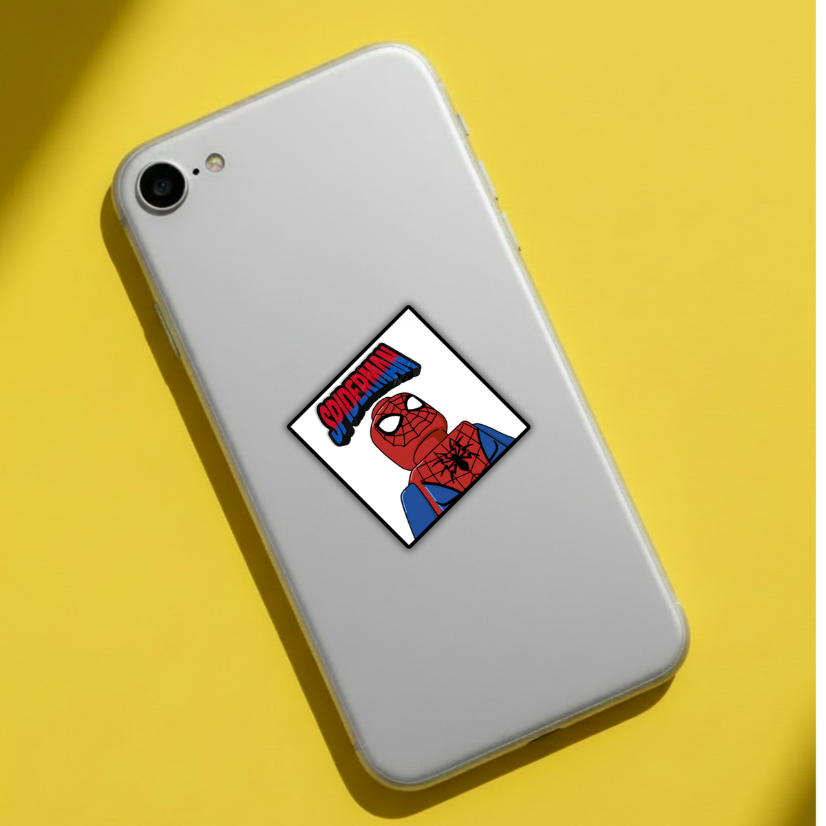 Spider-Man LEGO minifigure sticker on phone