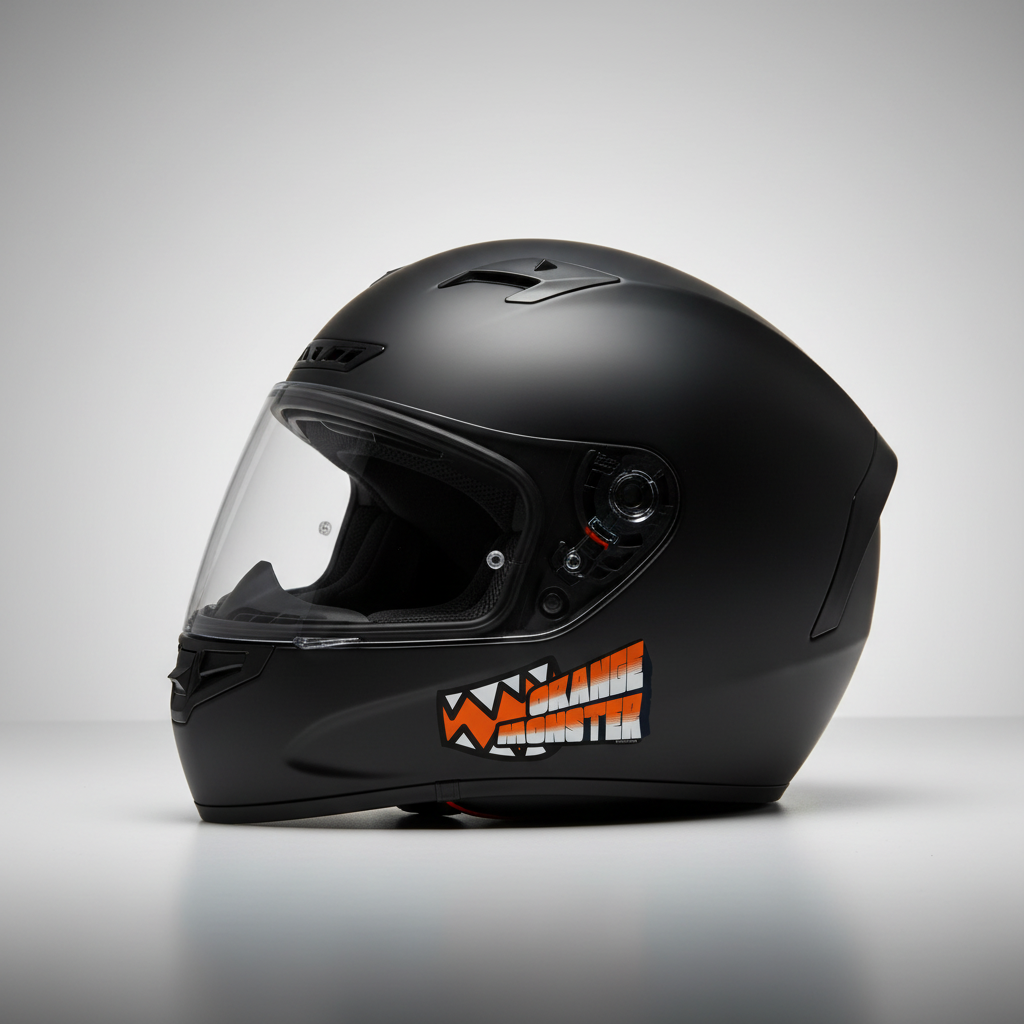 Orange Monster Premium Sticker on bike helmet