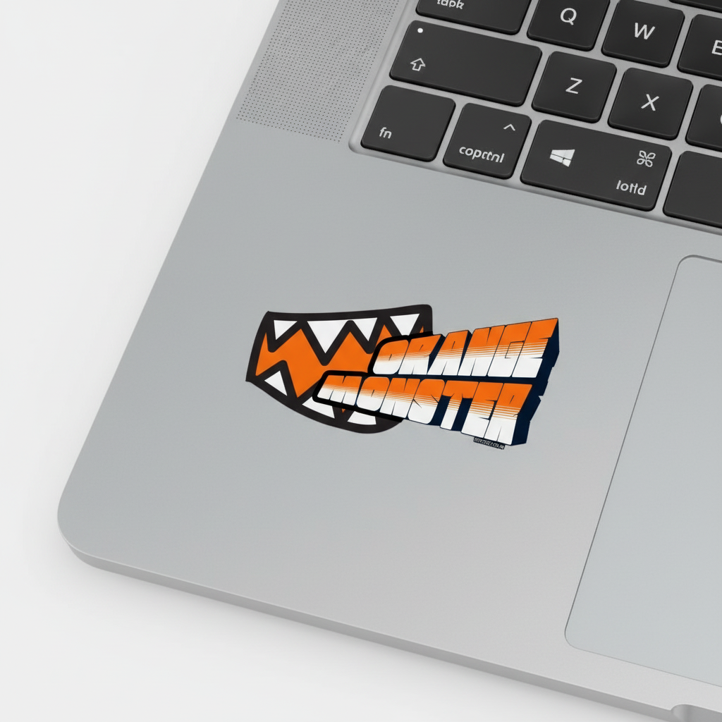 Orange Monster Premium Sticker with crisp edges on laptop
