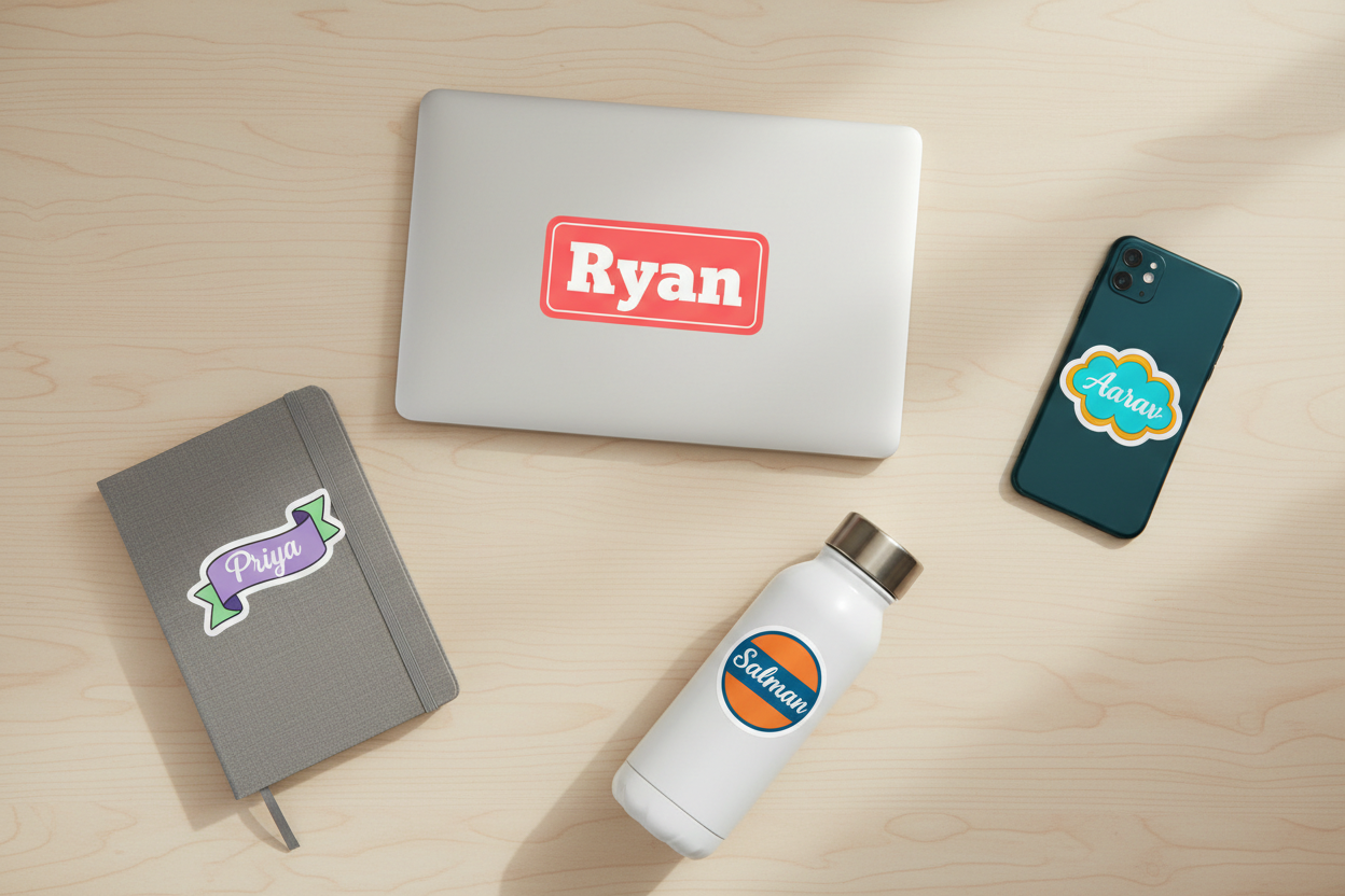 Personalized name stickers with updated placement