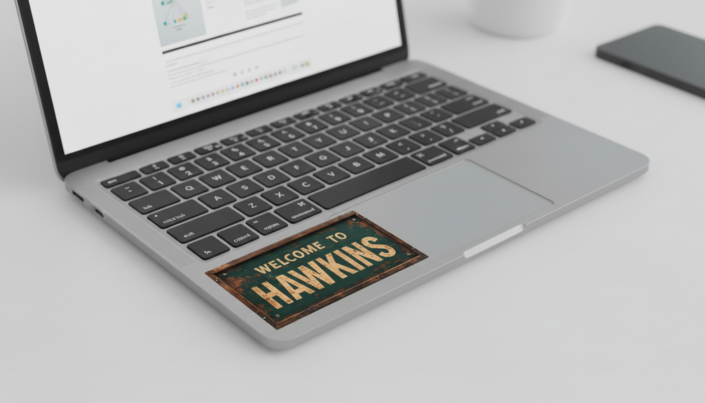 Welcome to Hawkins sticker on laptop - true size
