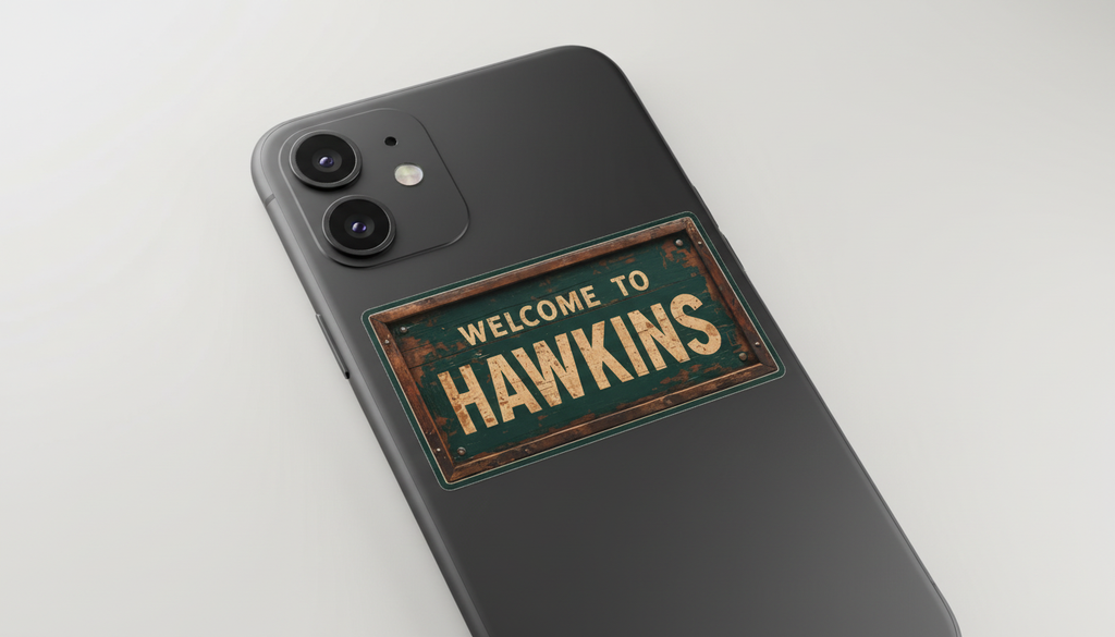 Welcome to Hawkins sticker on phone mockup