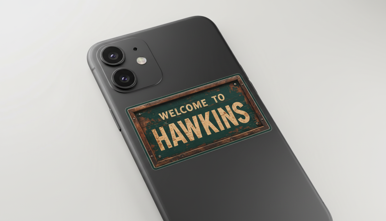 Welcome to Hawkins sticker on phone mockup